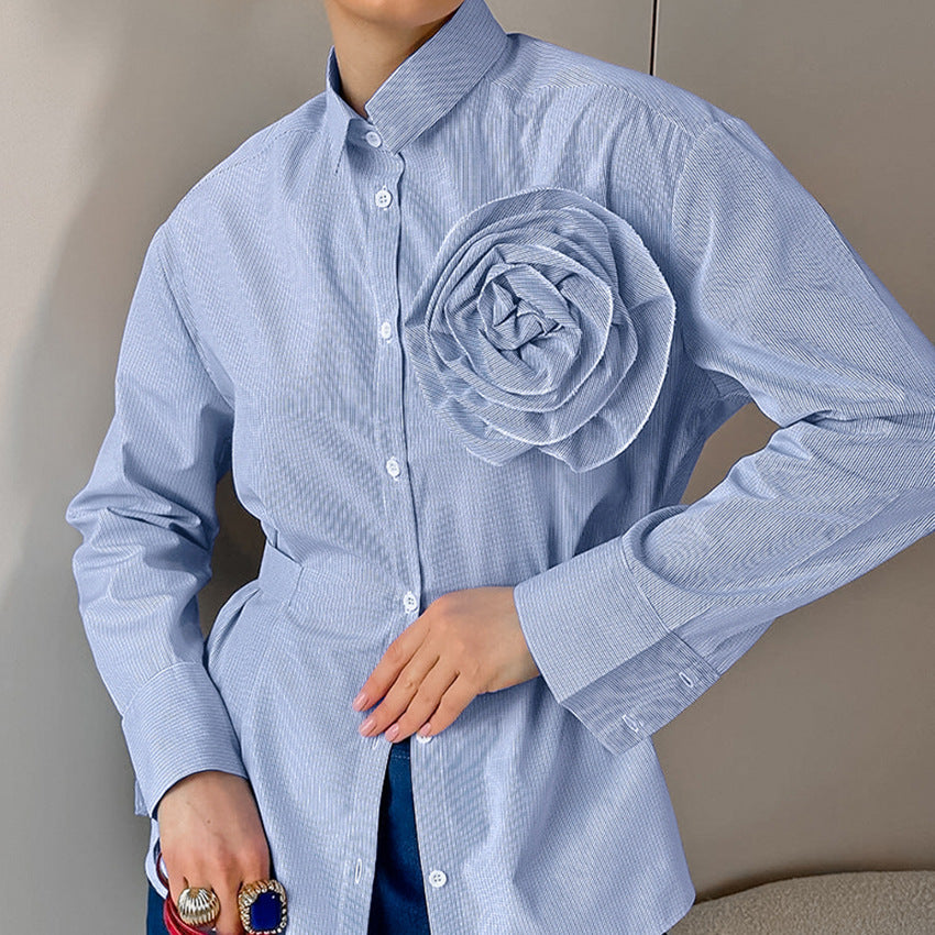 Autumn Casual Striped Blue Floral Slim Fit Long Sleeved Polyester Cotton Shirt Russian Office All Matching Shirt Women