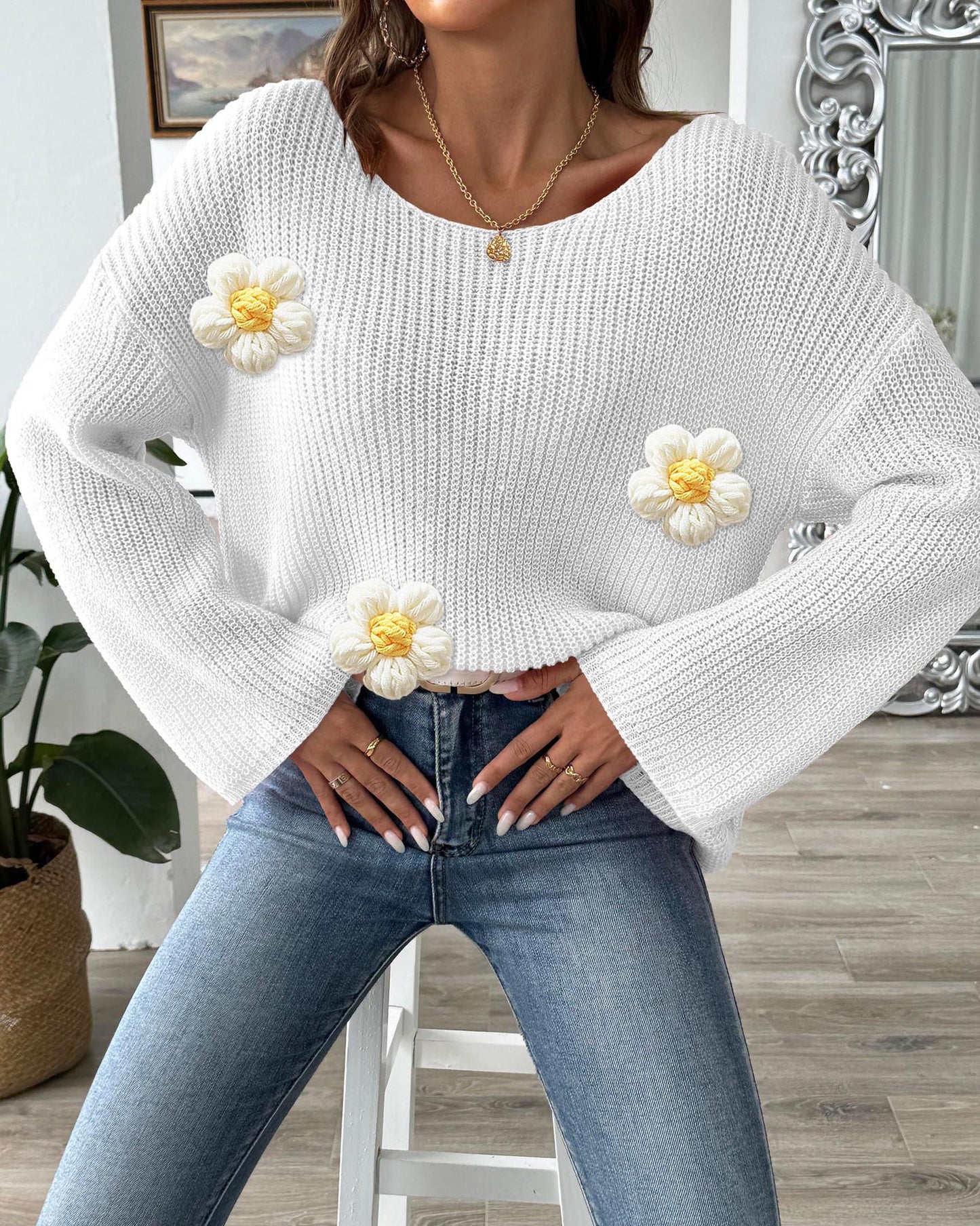 Women Pullover Sweater Patchwork Top Women Clothing Simple Loose off Shoulder off the Shoulder Flared Sleeves Sweater