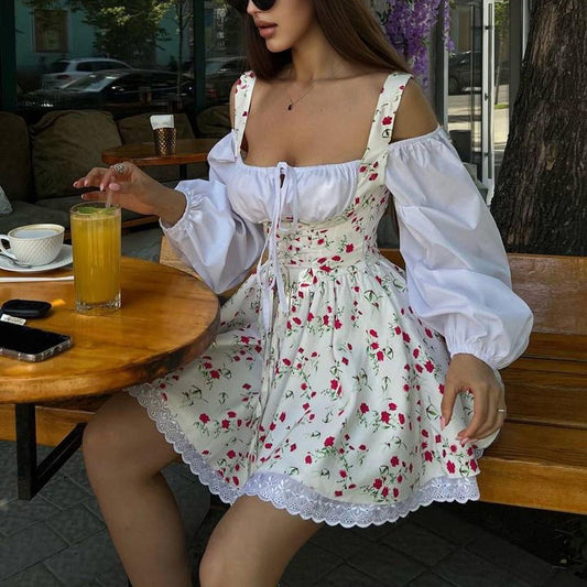 Women Spring Summer Bubble Sleeve Strap Tube Top Faux Two Piece French Dress Floral Cami Dress