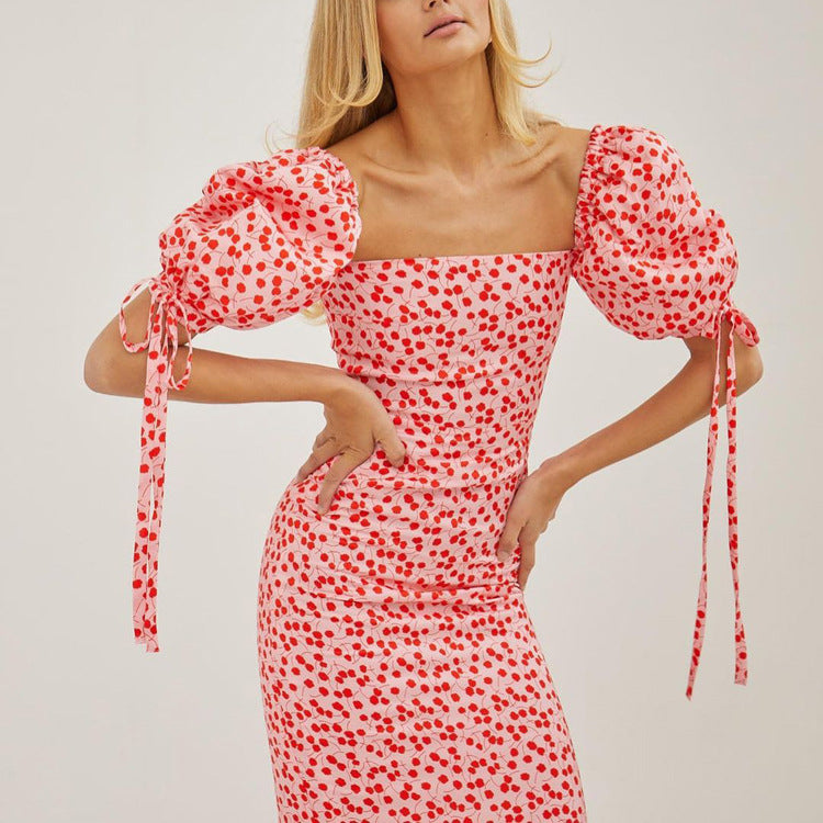 Robe longue à fleurs pour femmes, vêtements d'été, manches bouffantes, col rond, coupe cintrée, vêtements de vacances