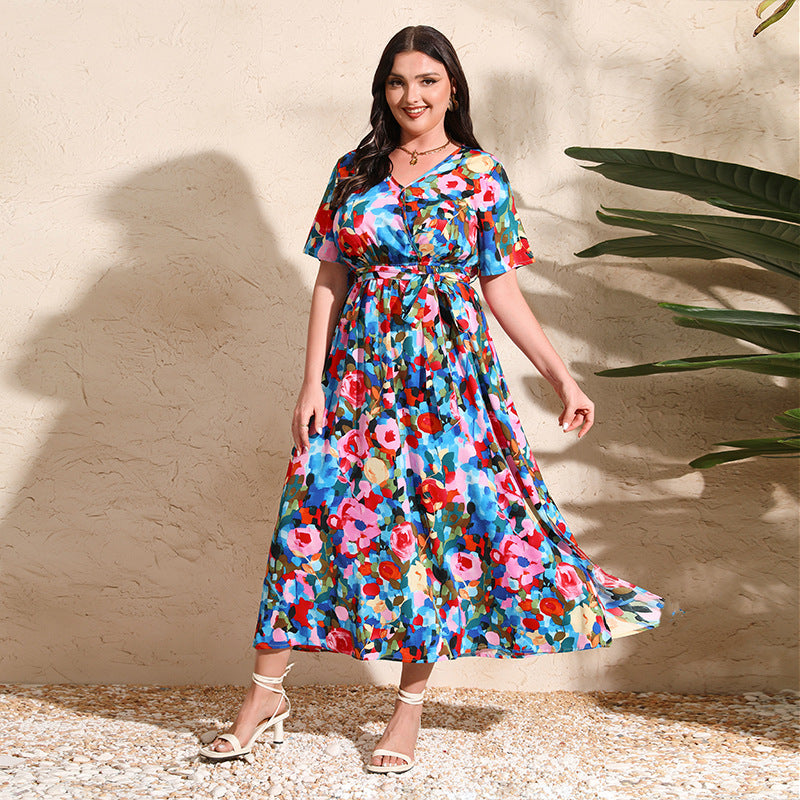 Colorful Rose Holiday Dress V Neck Short-Sleeved Chiffon Dress