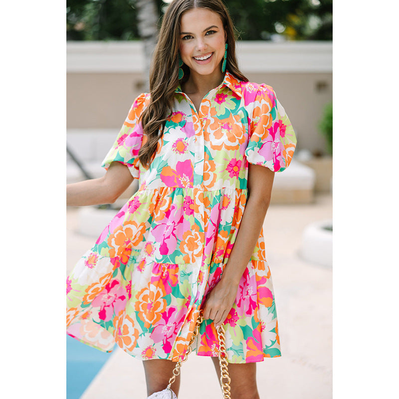 Vestido de verano con estampado Floral y mangas abullonadas, bonito vestido hasta la rodilla para mujer