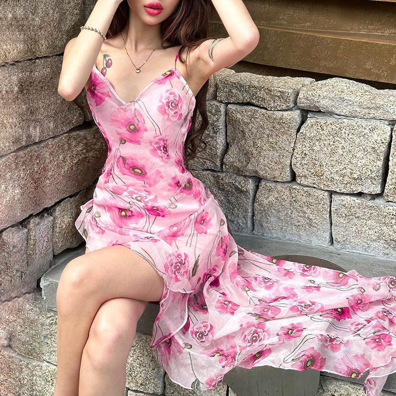 Ropa de mujer Chica Rosa Floral Impreso Sexy Pierna abierta Costura Oreja de madera Vestido sexy con tirantes Mujer