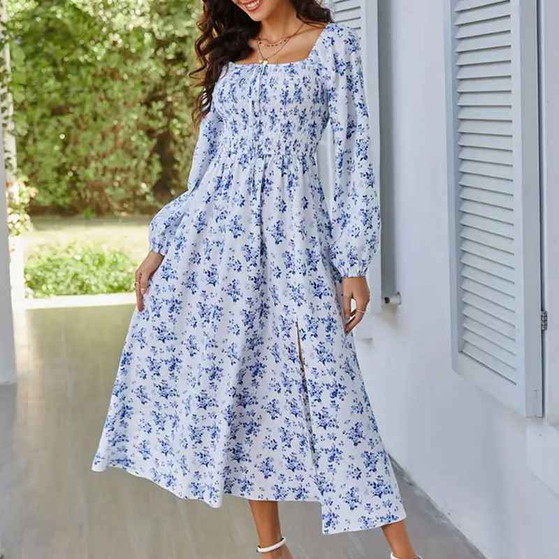 Printemps été romantique élégant femmes robe col carré smocks manches longues fente robe florale robe