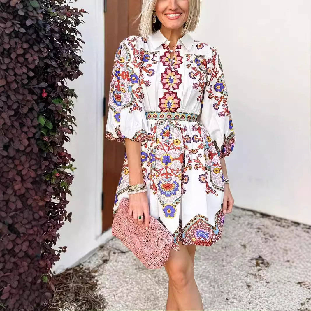 Vestido de otoño con bolsillos y estampado étnico bohemio