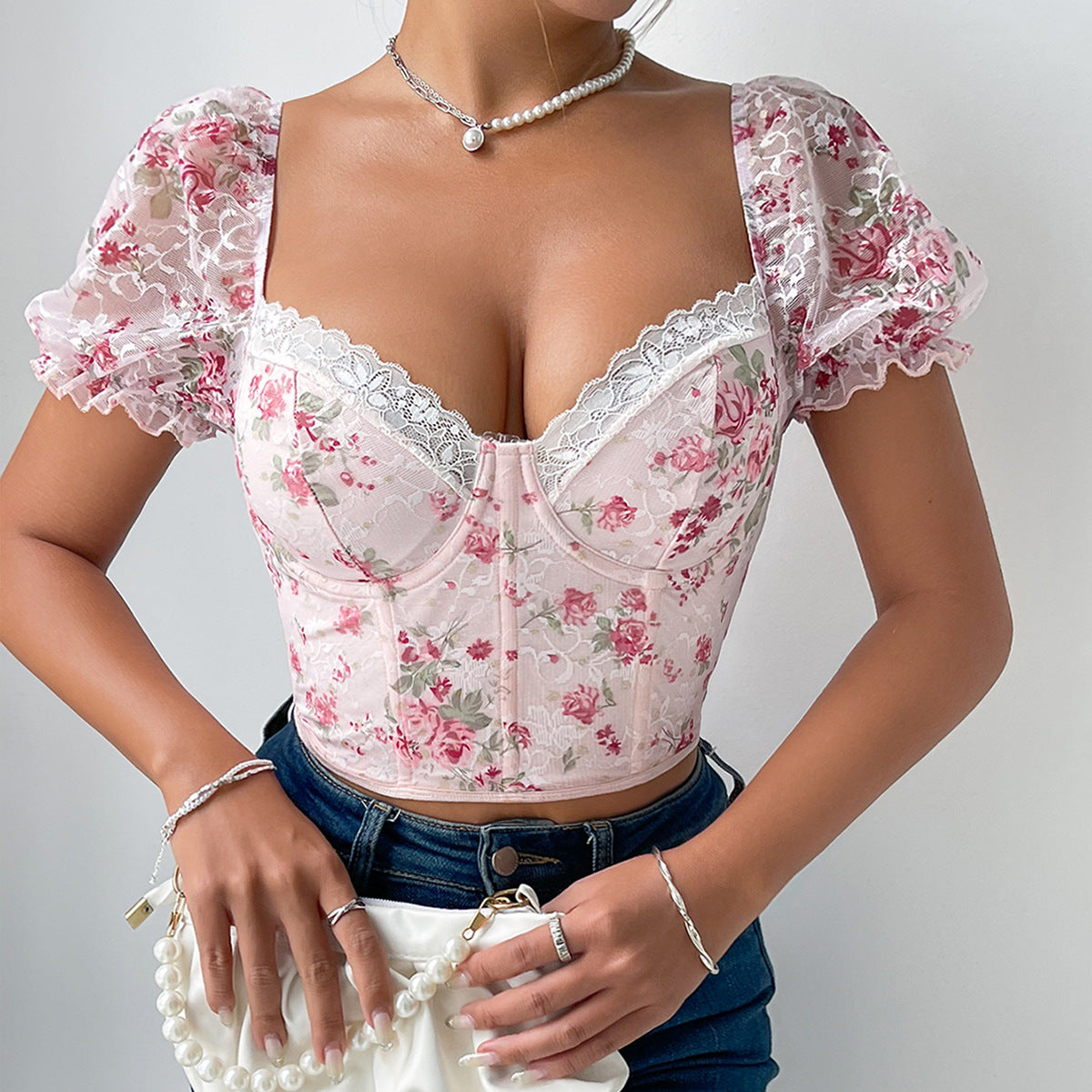 Été mignon imprimé fleuri dentelle manches bouffantes désossage Corset anneau en acier vêtements chauds haut court