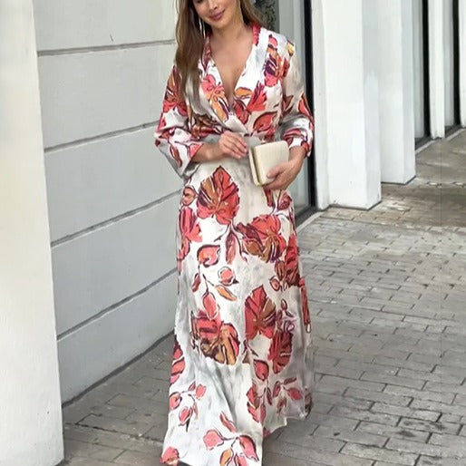 Autumn Printed Deep V Plunge Neck Slim Fit Maxi Dress Long Sleeve Large Swing Women Clothing