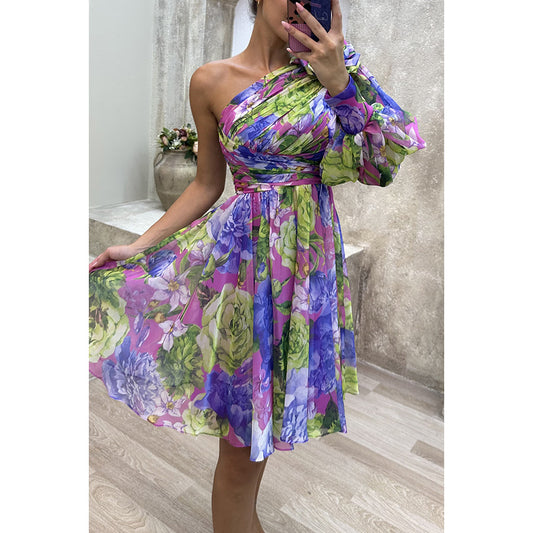 Slant Shoulder Casual Women Printed Wear Dress Party Zipper Dress