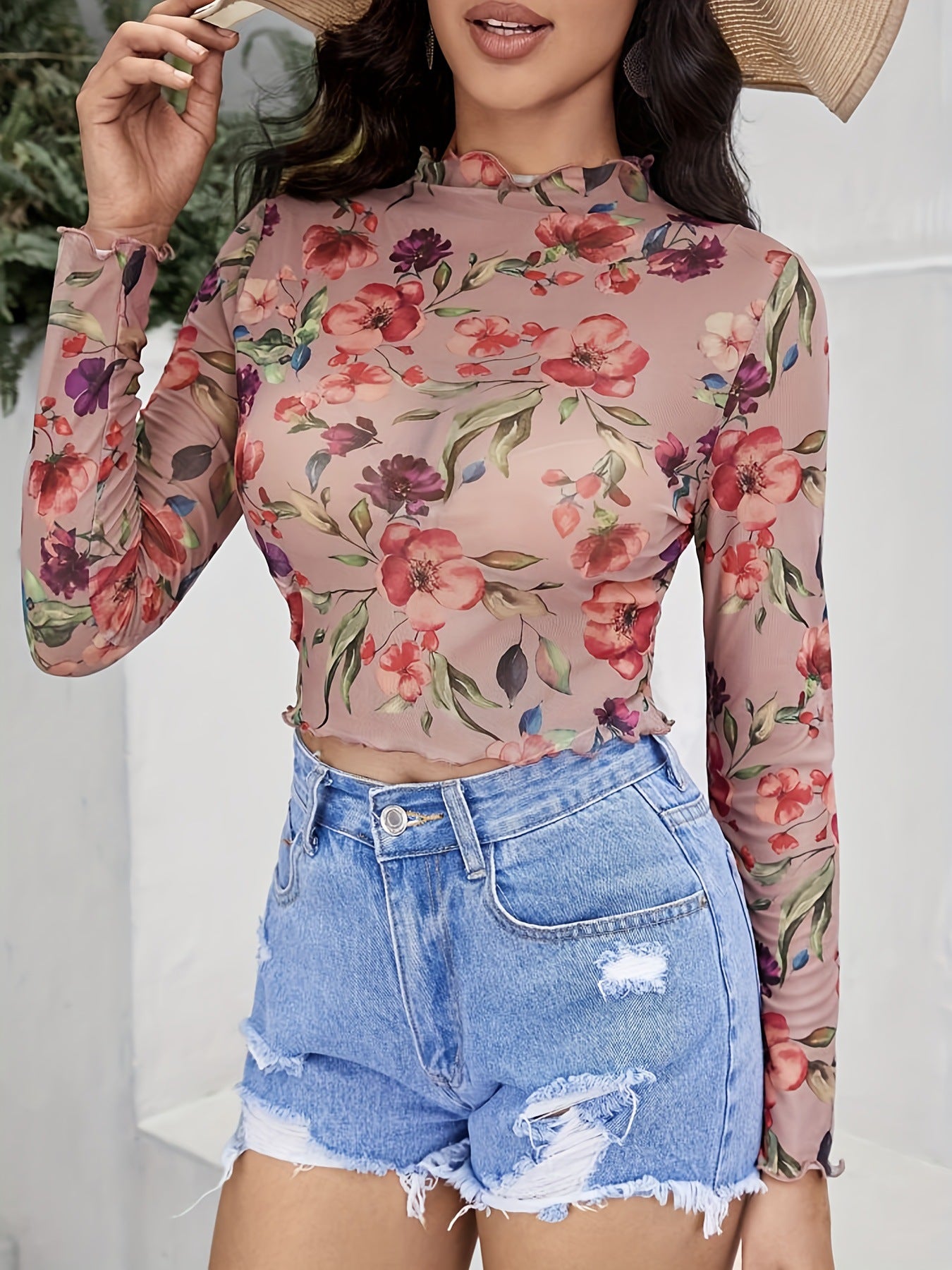 Autumn Winter Elegant Mesh Floral Print Fungus Long Sleeve T Shirt Slimming Top Women