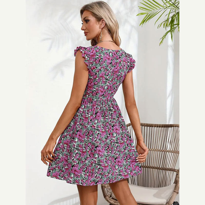 Summer Holiday Woven Flounced Sleeve Floral Tight Waist Short Dress Button Sleeveless V neck Dress