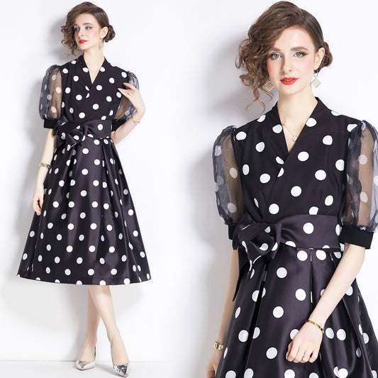 French Fitted Waist Polka Dots Dress 1-sense Long Skirt