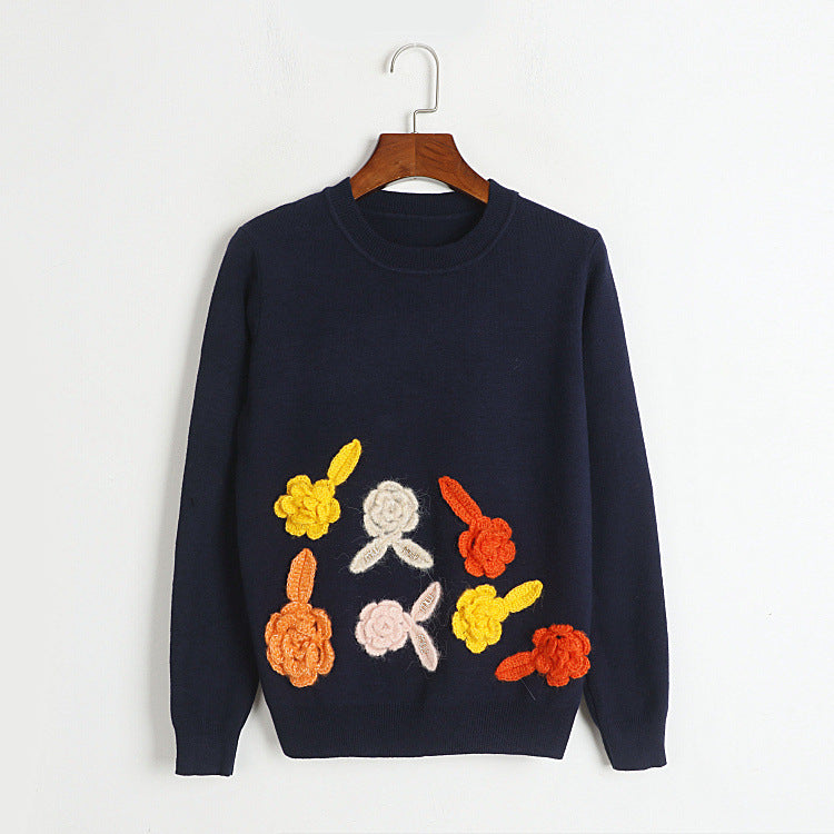 Top Autumn Winter Sweet Tridimensional Hand Crochet Floral Round Neck Sweater