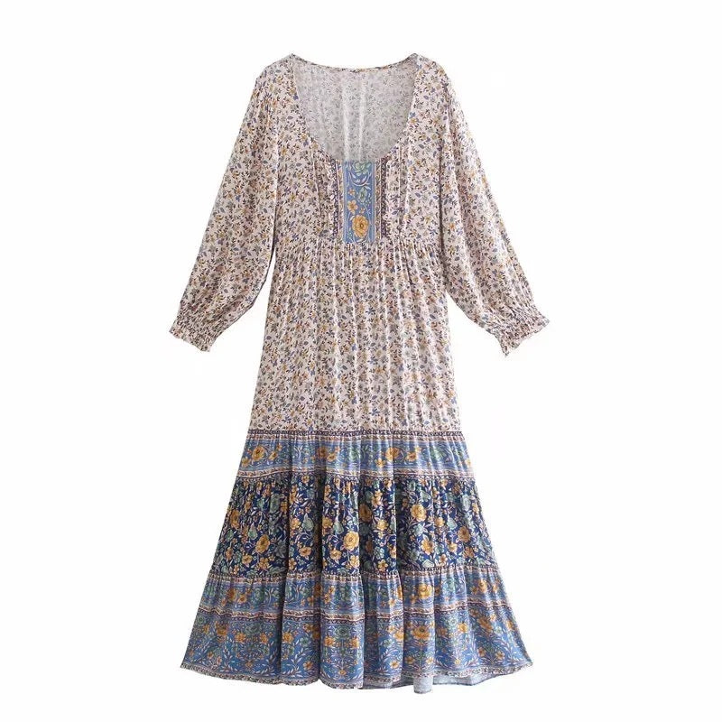 Vestido largo bohemio de manga larga con posicionamiento adelgazante para mujer de otoño