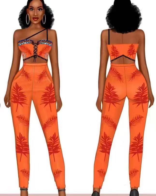 Autumn Winter Lady Sexy One Shoulder Rhinestone Spaghetti Strap Floral Print Tight Bandage Trousers Two Piece Set