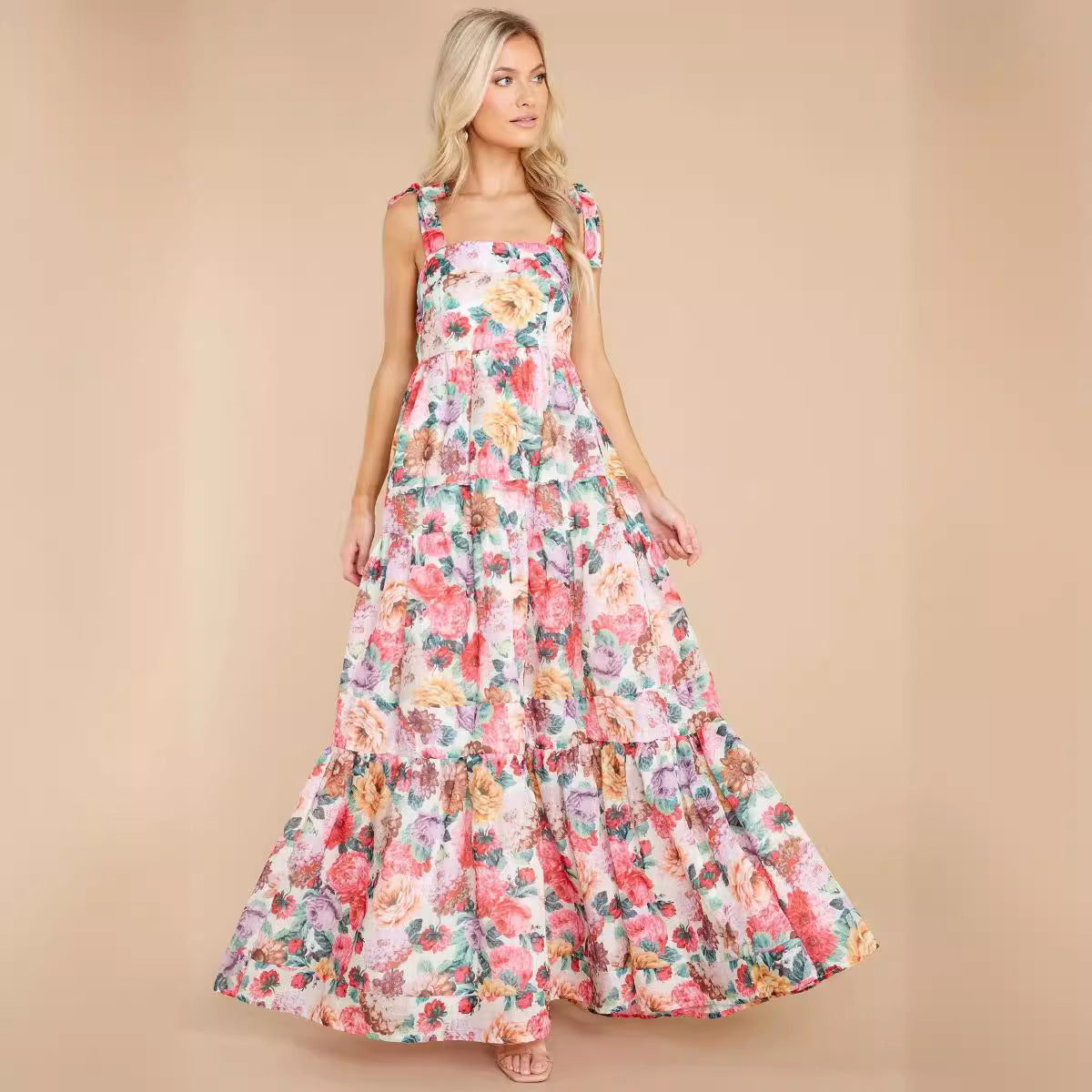 Ropa de verano para mujer Vestido elegante con tirantes florales y cuello descubierto