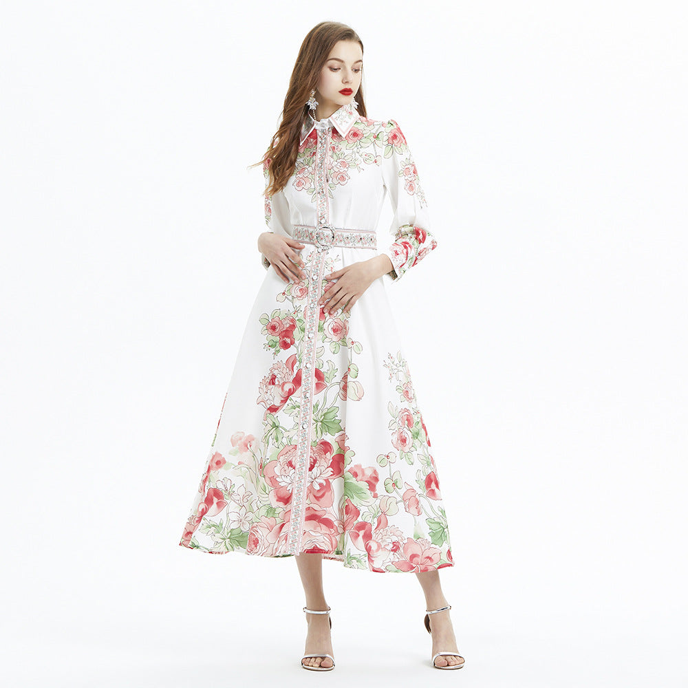 Vacation Style Blouse Collar Floral Print Long Sleeve Waist Single Breasted Ruffled Long Dress