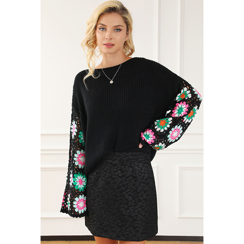 Autumn Winter Floral Crochet Knitted Head Sweater Women Casual Loose Sweater Women