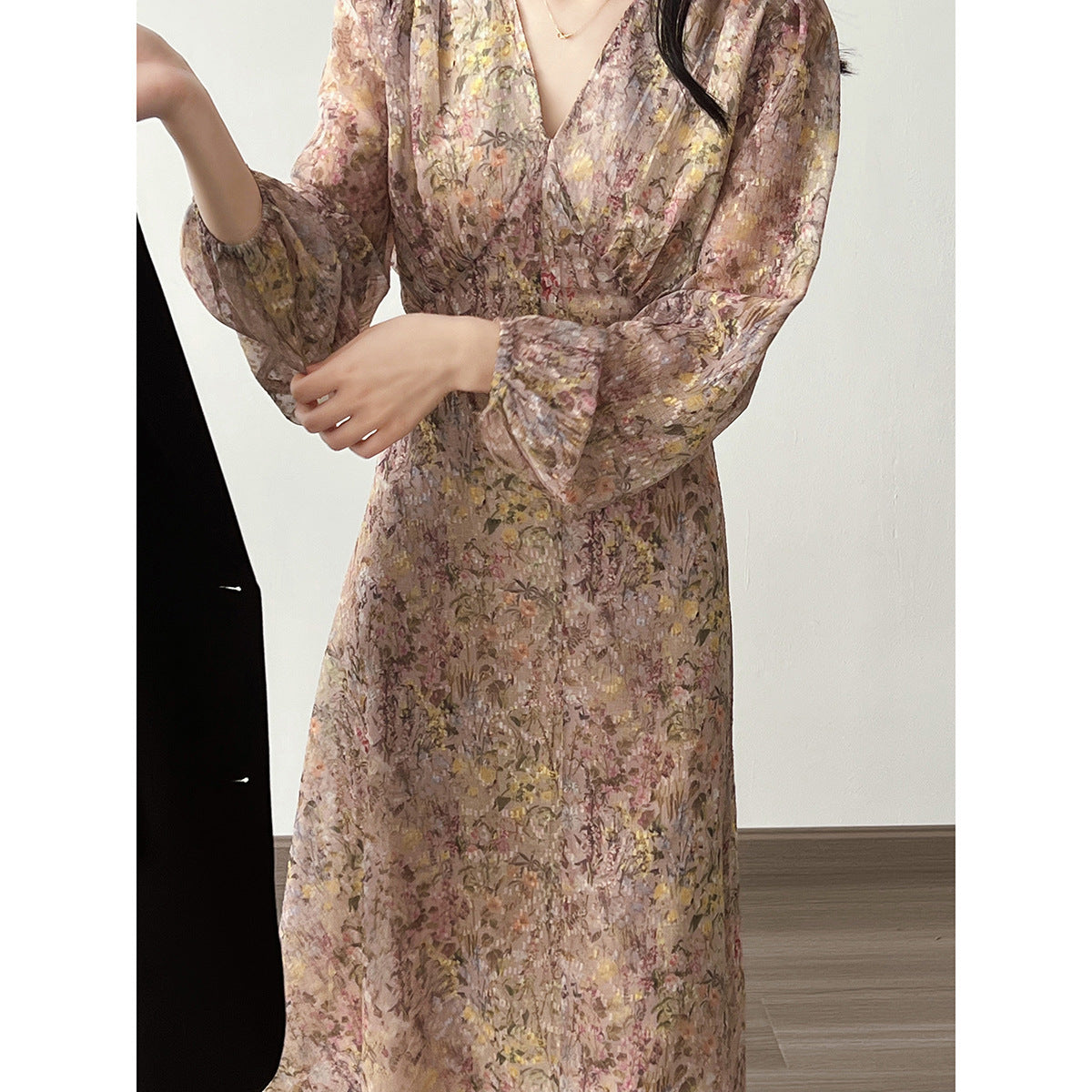 Robe florale douce à col en v pour femmes, tenue mi-longue cintrée à manches longues, style coréen, printemps et été