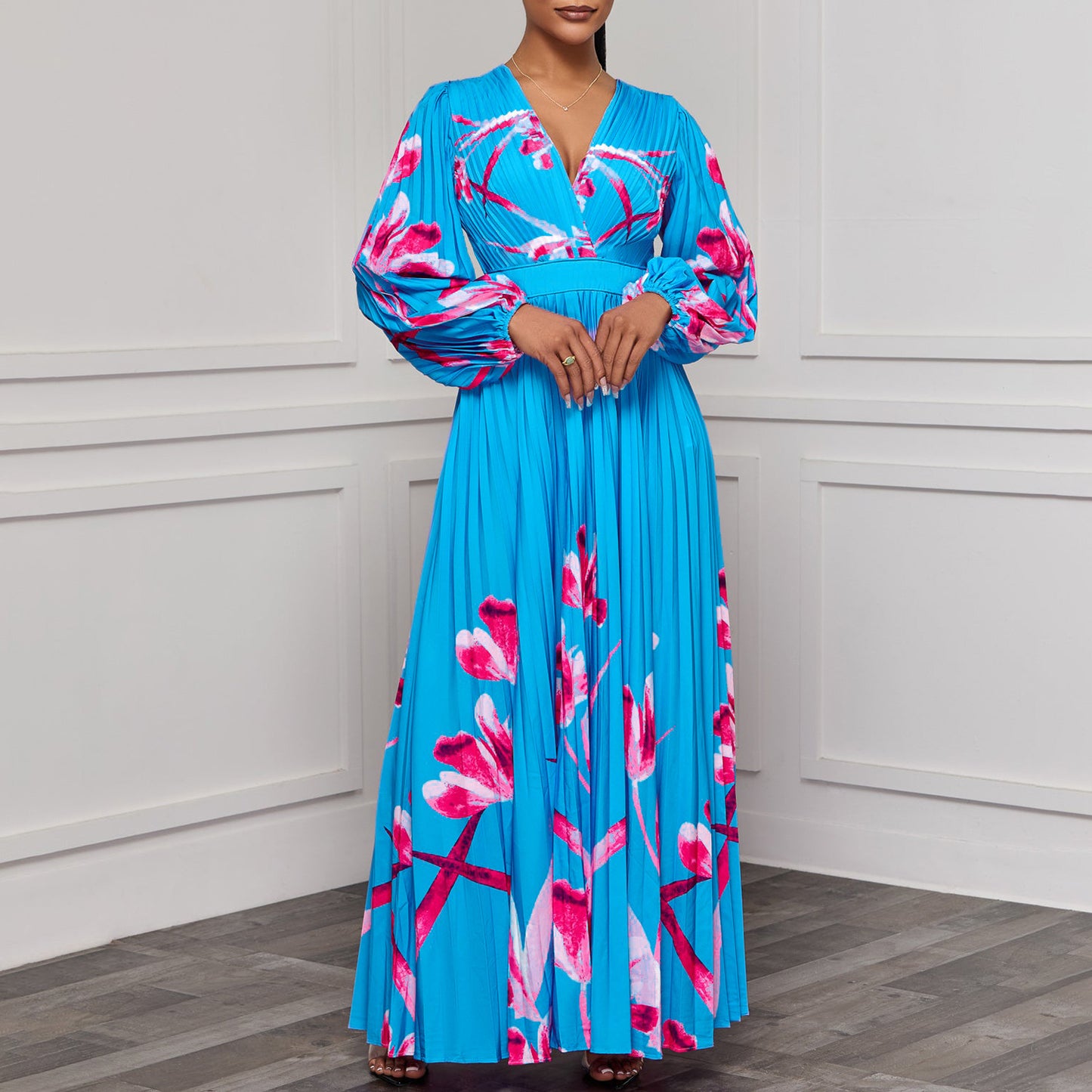 Robe plissée imprimée à manches longues et col en V pour femmes