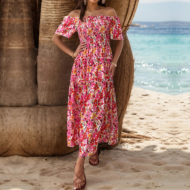 Summer Women Clothing Vacation off-Shoulder Printed Dress