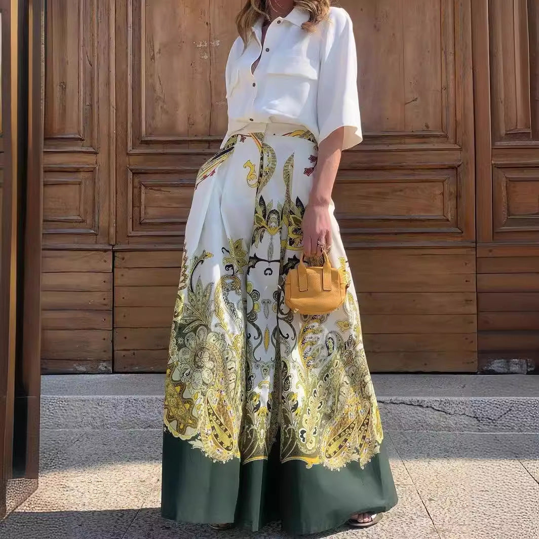 Ropa de mujer otoño elegante camisa de un solo pecho conjuntos de pantalones de pierna ancha con estampado de cintura alta