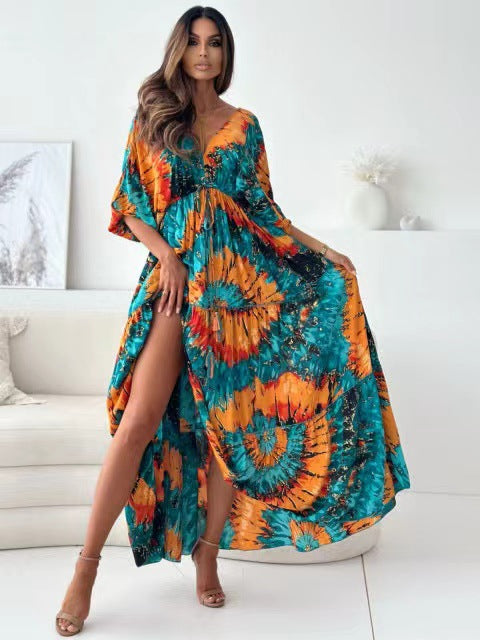 Robe sexy à manches trois-quarts et décolleté en V profond avec imprimé floral multicolore et fente