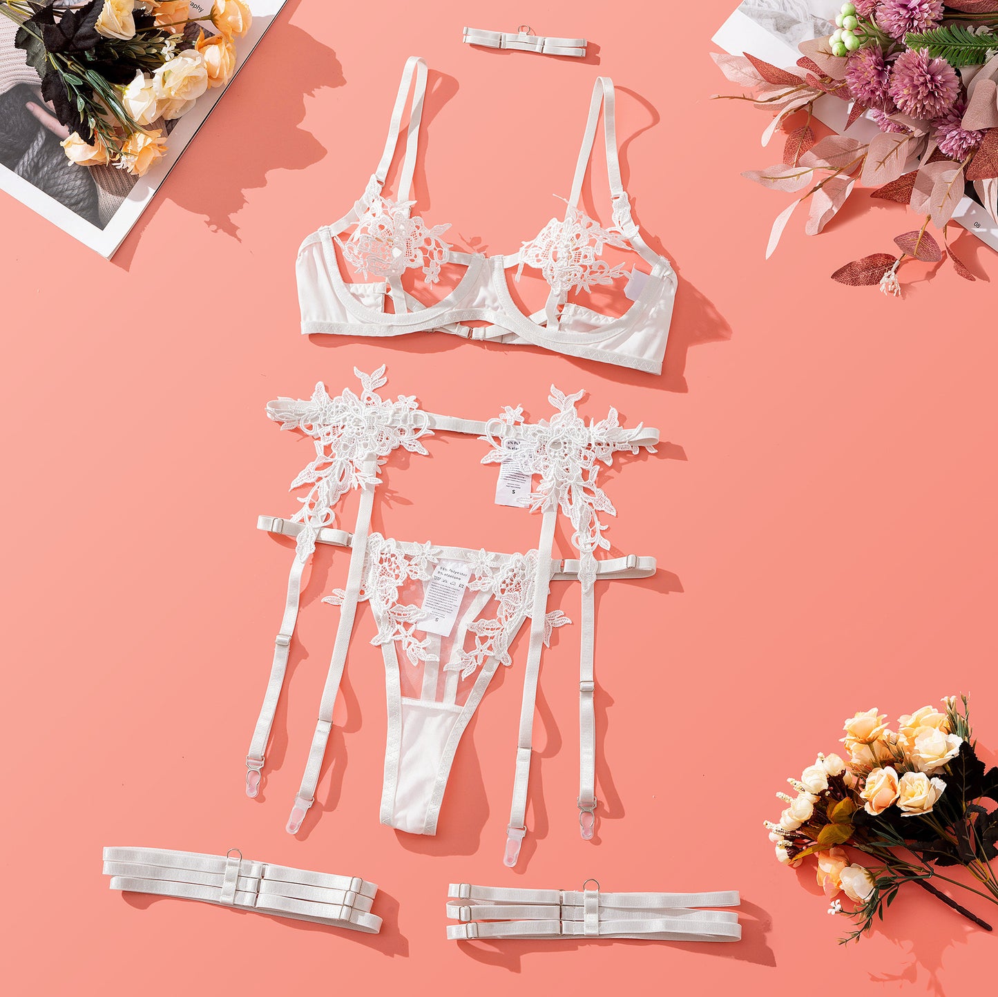 Ensemble de soutien-gorge brodé en maille pour filles, vêtements floraux solubles dans l'eau, transparent, sous-vêtements Sexy haut de gamme