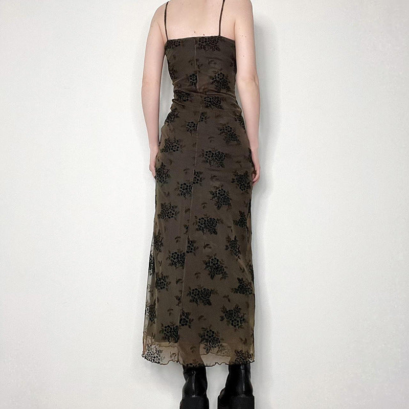 Robe Maxi française rétro élégante pour femme adulte, imprimé Floral, maille, oreilles en bois, col dénudé, bretelles fines, longue robe une étape