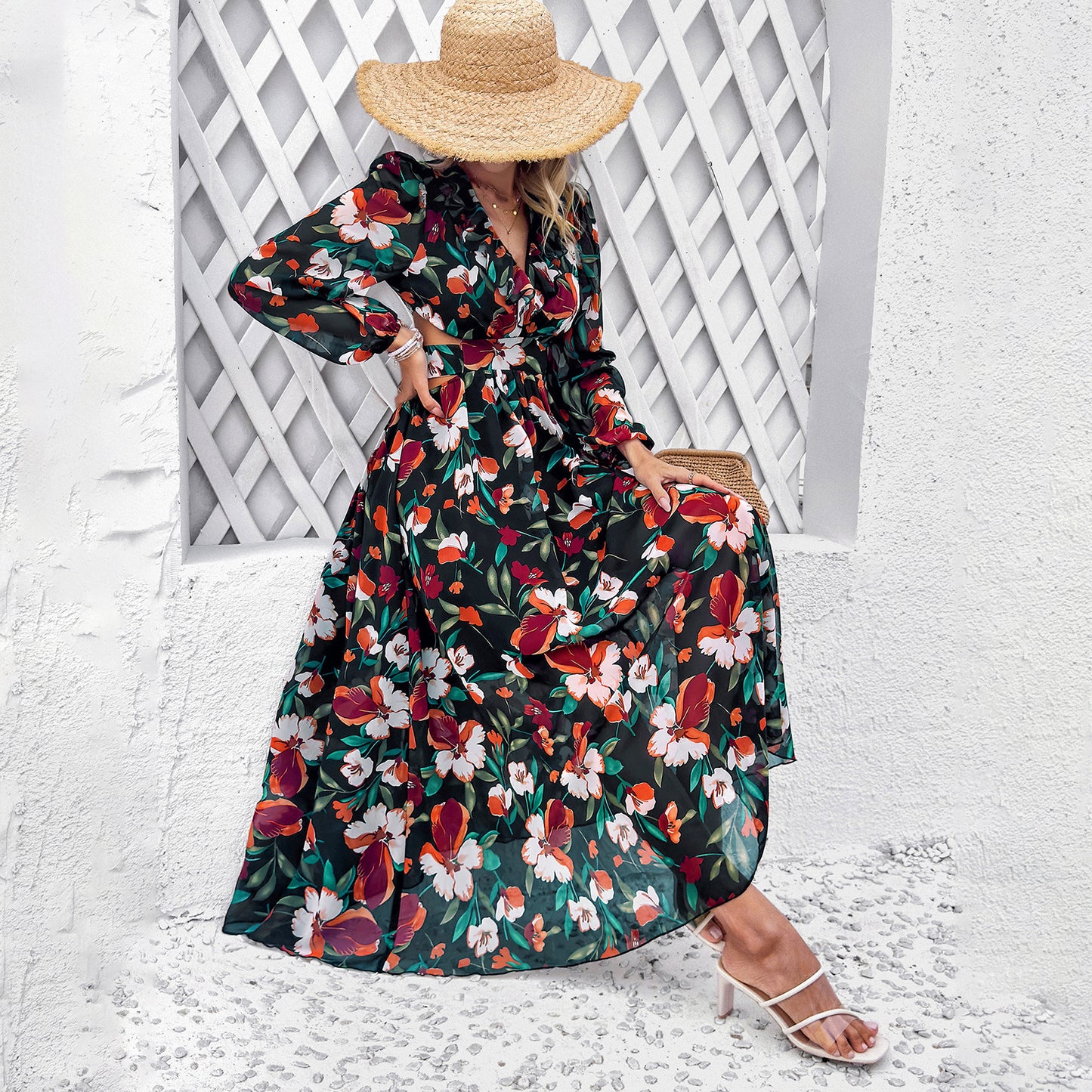 Ropa de mujer Vestido festivo con cuello en V y estampado floral