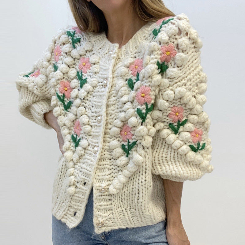 Autumn Winter Handmade Crocheted Embroidery Twist Pearl Buckle Knitted Sweater Cardigan Coat