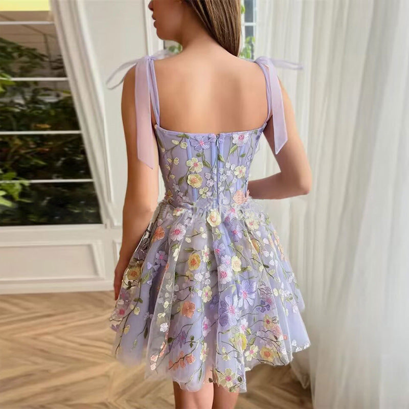 Women Three Dimensional Floral Embroidered Sheath Sexy Cami Dress Organza