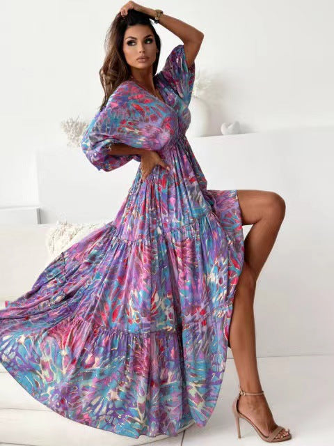 Robe sexy à manches trois-quarts et décolleté en V profond avec imprimé floral multicolore et fente