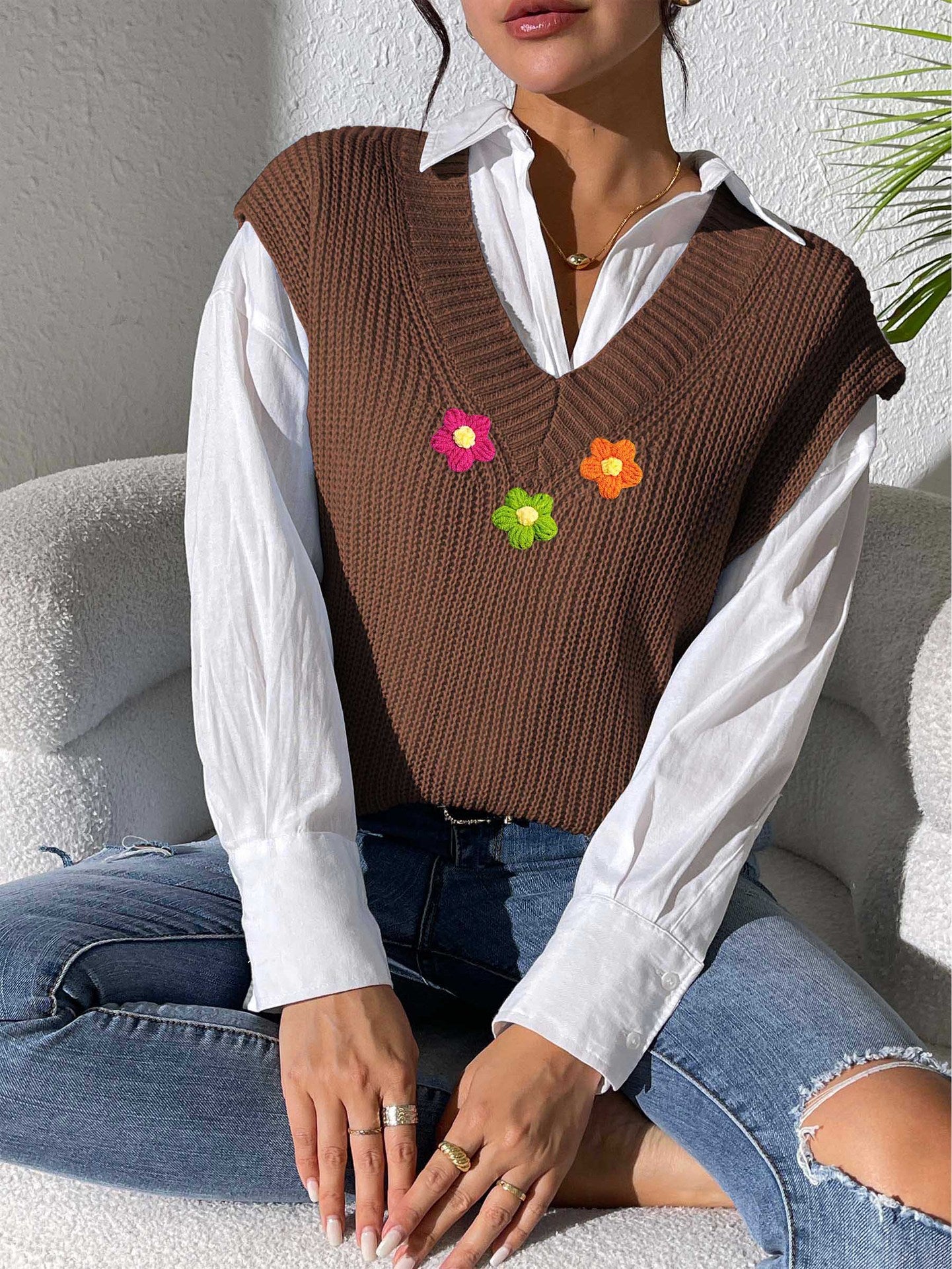 Chaleco de mujer, ropa de mujer, primavera Otoño, cuello en V, chaleco Simple, costura de ganchillo a mano, suéter tejido, chaleco