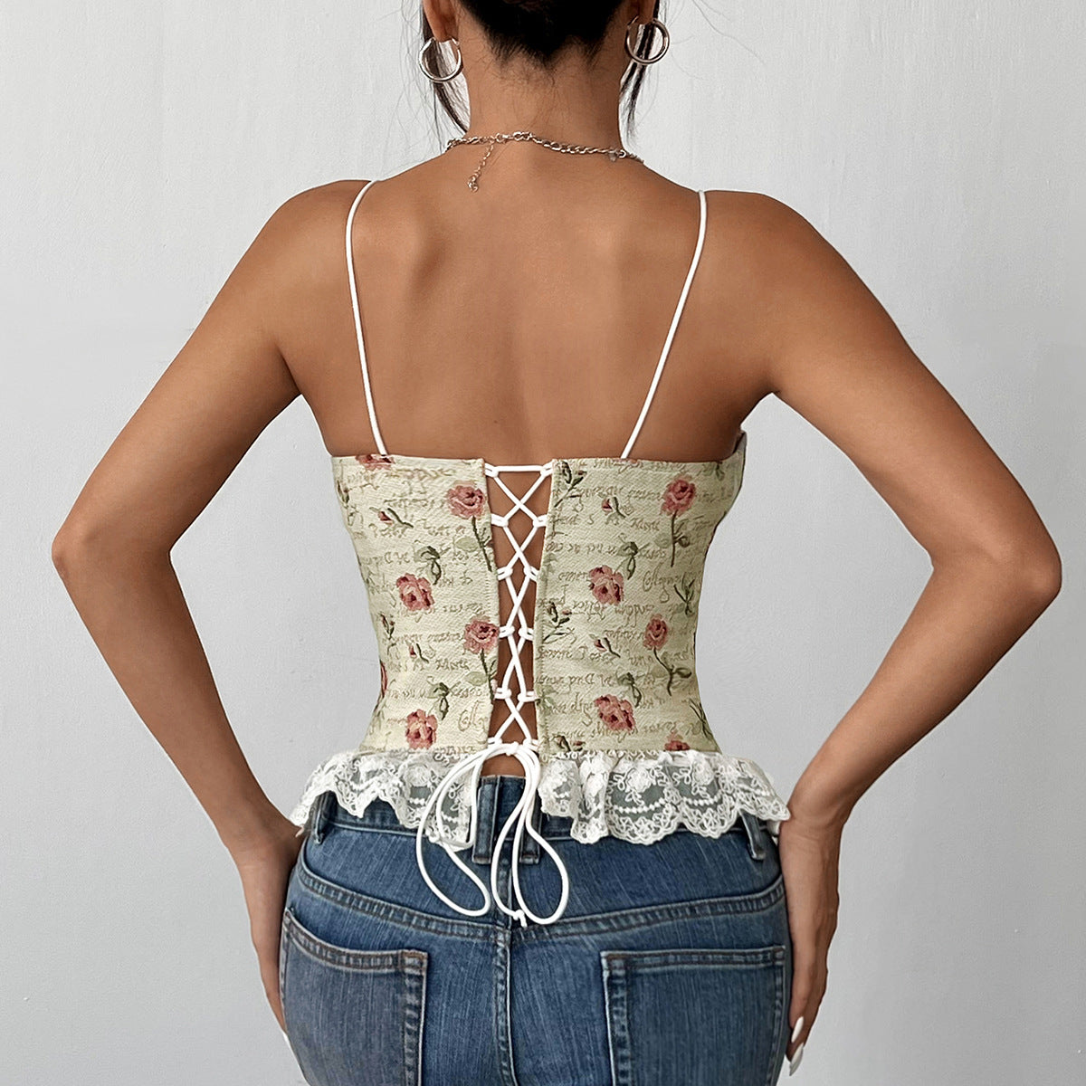 Women Clothing Vintage Jacquard Niche Stitching Sexy Lace Lace Spaghetti Strap Vest