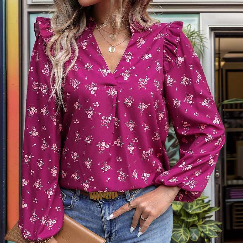 Fall Women Clothing Floral Print Long Sleeved Shirt Women