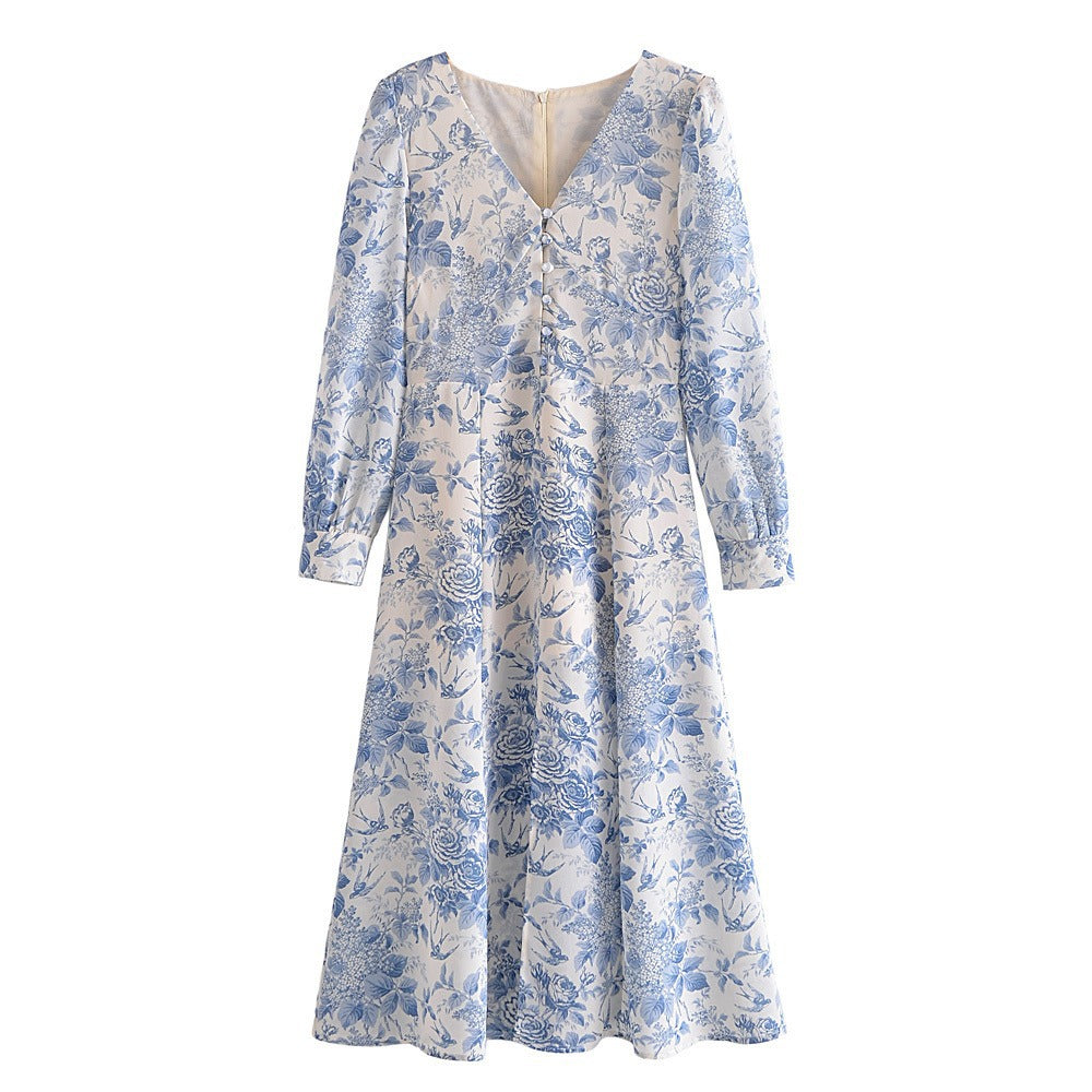 Robe sexy à manches longues et col en V avec fente et boutons sur le devant et imprimé floral