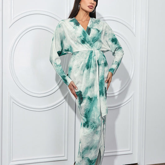 Robe Simple et Sexy à manches longues, motif Floral, col en V, fente latérale, robe asymétrique irrégulière