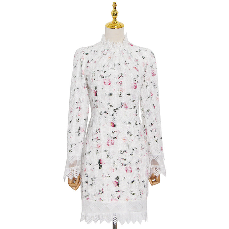 Otoño Invierno chica francesa suave dulce elegante Floral encaje cuello manga larga Vestido corto