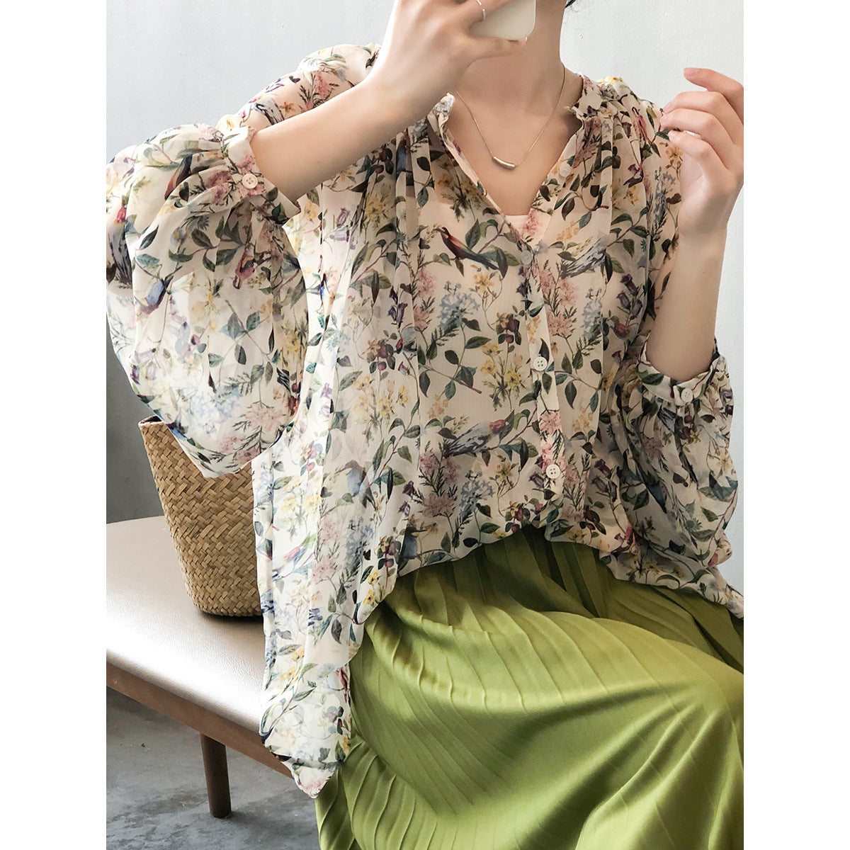 V Neck Chiffon Floral Shirt Women Spring Summer Thin Shirt Design Top