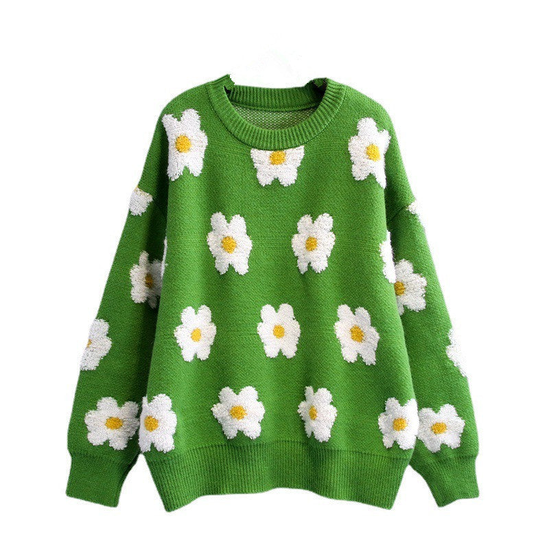 Autumn Winter Casual Little Daisy Embroidered Black White Contrast Color round Neck Long Sleeved Pullover