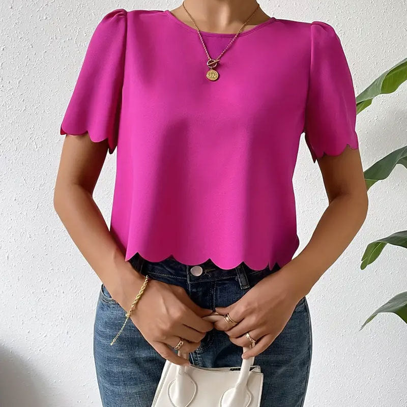 Solid Color Burnt Floral Scalloped Crop Top Short Top Women Round Neck Short Sleeve Shirt T shirt Women Summer