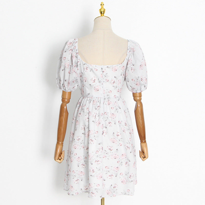 Robe trapèze pour femmes, vacances en bord de mer, col carré, manches bouffantes, motif Floral, taille serrée, amincissante