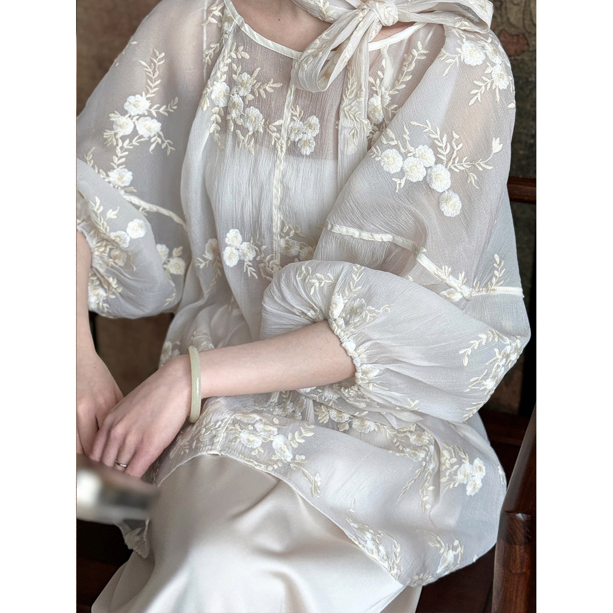 Lantern Sleeve Floral Embroidered Shirt Korean Fairy Thin Lace Embroider Jacket