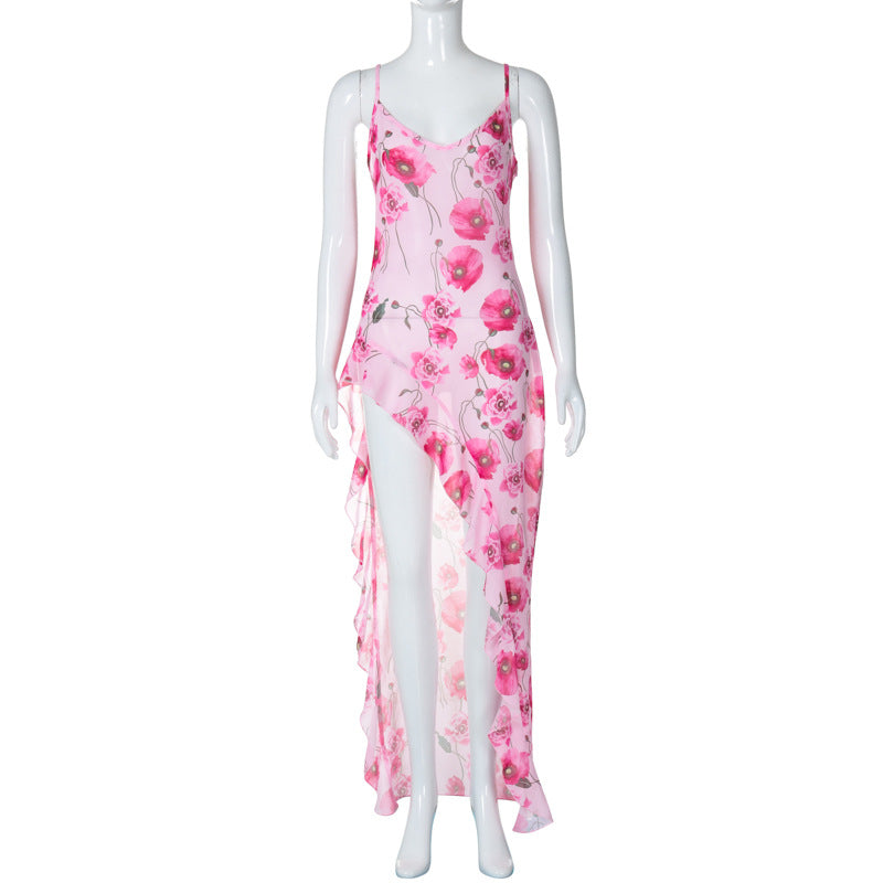 Ropa de mujer Chica Rosa Floral Impreso Sexy Pierna abierta Costura Oreja de madera Vestido sexy con tirantes Mujer