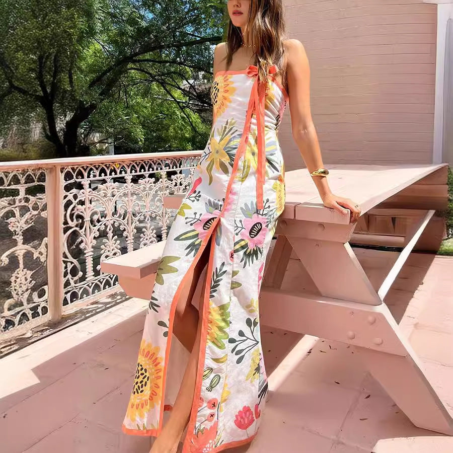 Vestido sexy de verano con estampado en el pecho y abertura en el pecho para mujer