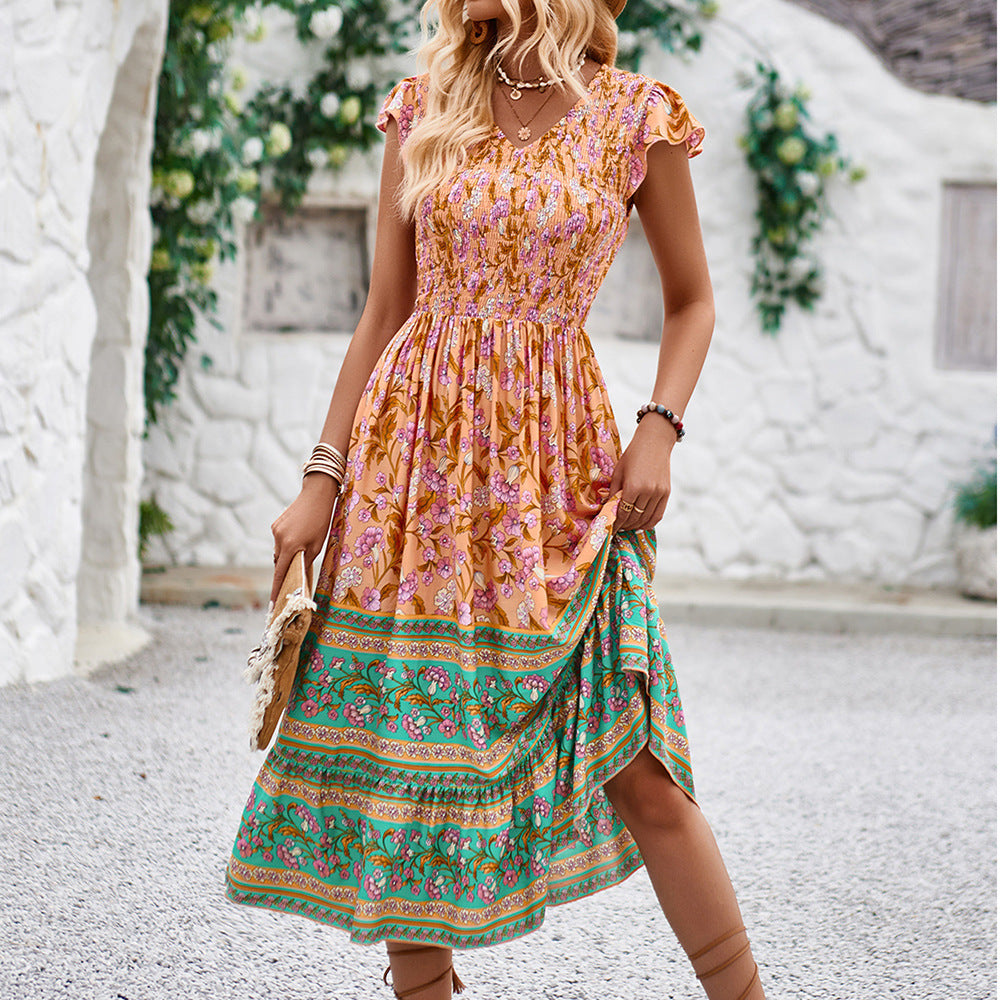 Vestido de manga con volantes y cuello en V para vacaciones bohemias con estampado floral de verano Ropa de mujer