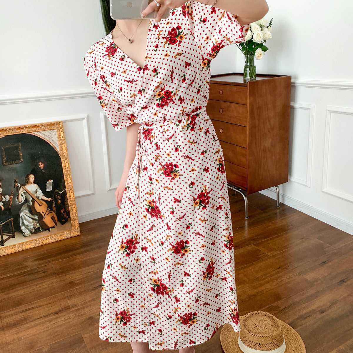 23 Vestido con estampado de lunares nuevos de principios de otoño Flor Retro francesa