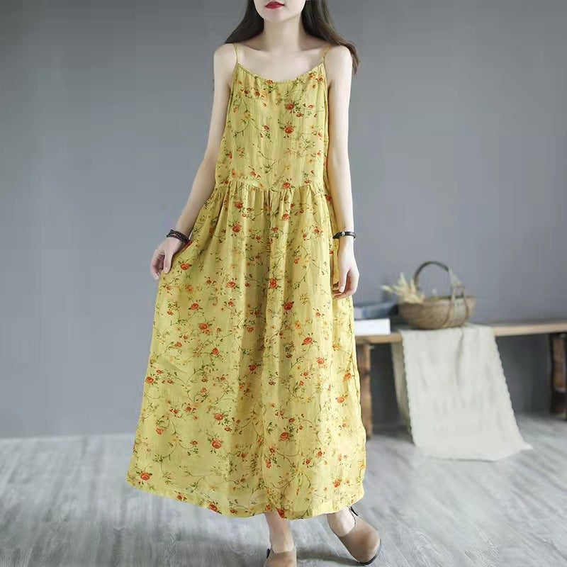 Summer New Artistic Floral Sleeveless Sling Dress Women