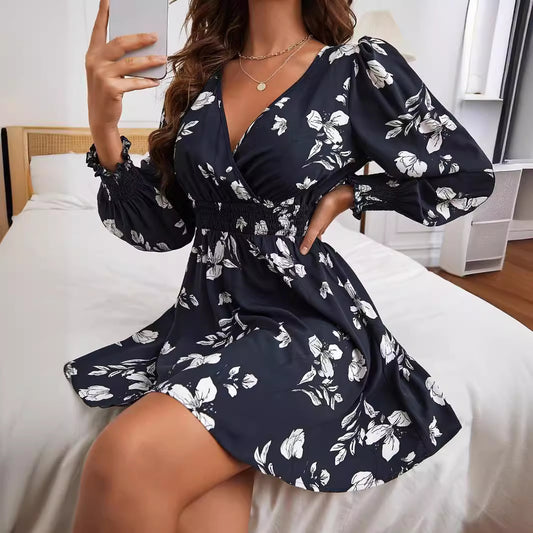 Autumn Winter Elegant Women Floral Printed V Neck Lantern Sleeve Dress