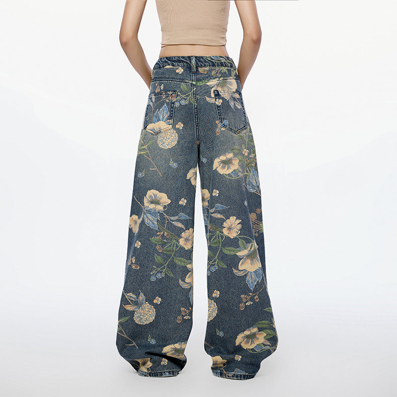 Pantalones vaqueros de pierna ancha con estampado floral de High Street para mujer, holgados, de nueve puntos, con una boca y dos piernas